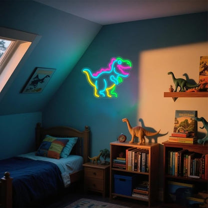Kids Dinosaur Neon Light - Colorful LED Decor for Children's Bedroom, Dinosaur Birthday Party Decor, Gift for Boys & Girls Age 5-12, 15x12.4" USB Powered