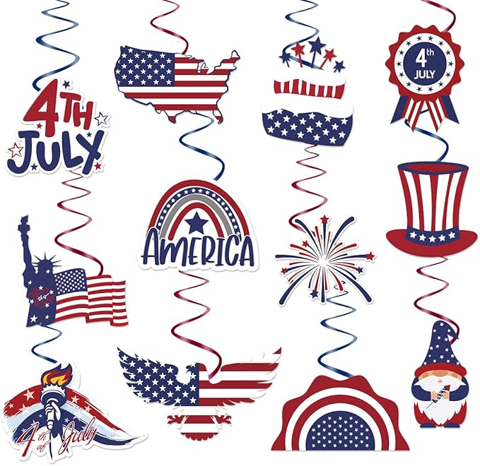 4th of July Decorations，Kaluofan 24 PCS 4th of July Decorations Outdoor,Independence Day Patriotic Hanging Swirls Decorations for Veterans Labor Presidents Flag Memorial Day Party Suppiles Favors