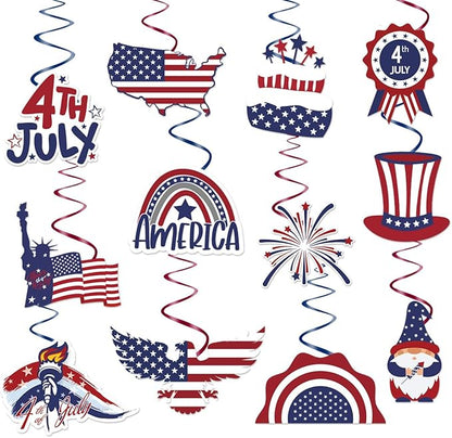 4th of July Decorations，Kaluofan 24 PCS 4th of July Decorations Outdoor,Independence Day Patriotic Hanging Swirls Decorations for Veterans Labor Presidents Flag Memorial Day Party Suppiles Favors