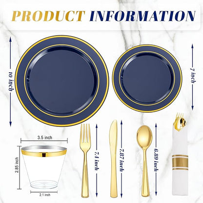 350PCS Navy Blue and Gold Plastic Plates with Rolled Napkins Include Dinner Plate 10’’, Dessert Plate 7’’, gold Cups 9 OZ, Pre Rolled Napkins 25 of each type for Hanukkah Wedding