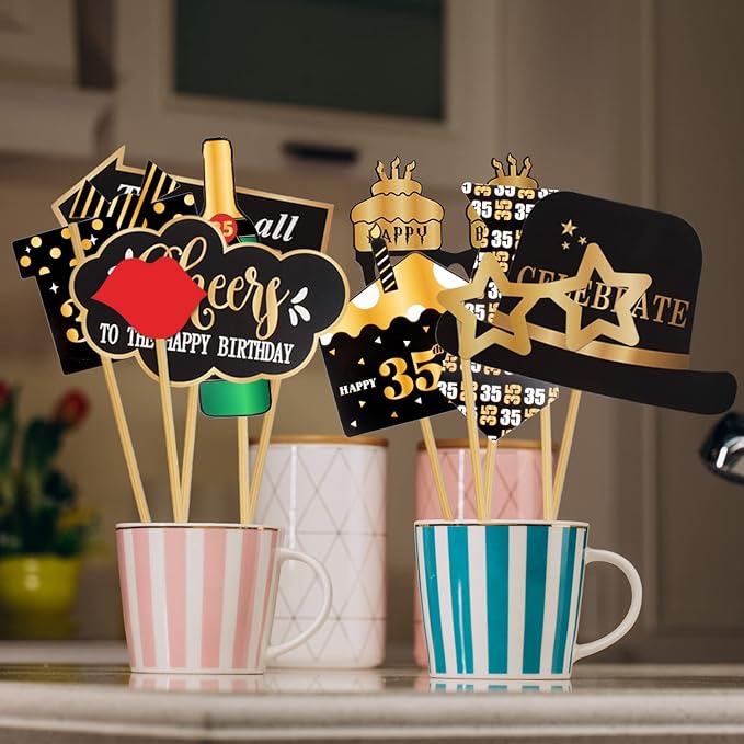 LINGTEER Happy 35th Birthday Party Photo Booth Props,Cheers to 35th Birthday 35th Years Old Bday Party Centerpieces Props Decorations Sign.