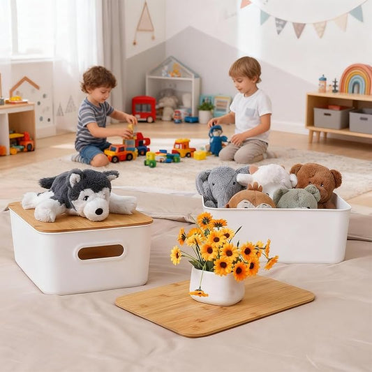 Citylife Storage Bins with Bamboo Lids 13QT Plastic Storage Containers Stackable Organizer Boxes with Handle for Desk Snacks, Toys, 4 PCS, 14" L x 10.6" W x 6.18" H