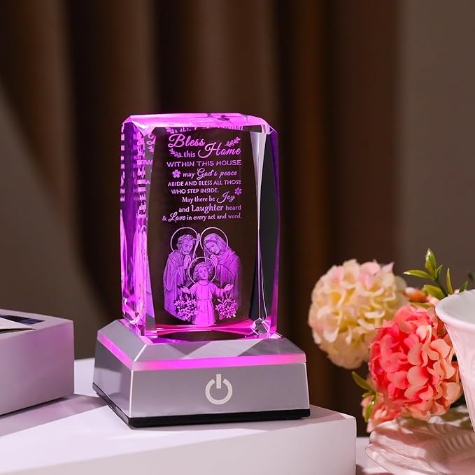 Movdyka House Warming Gifts New Home, Bless This Home Laser-Engraved Crystal Cube with Color-Changing LED Base - Spiritual Housewarming Gift for Christian Desk Decor