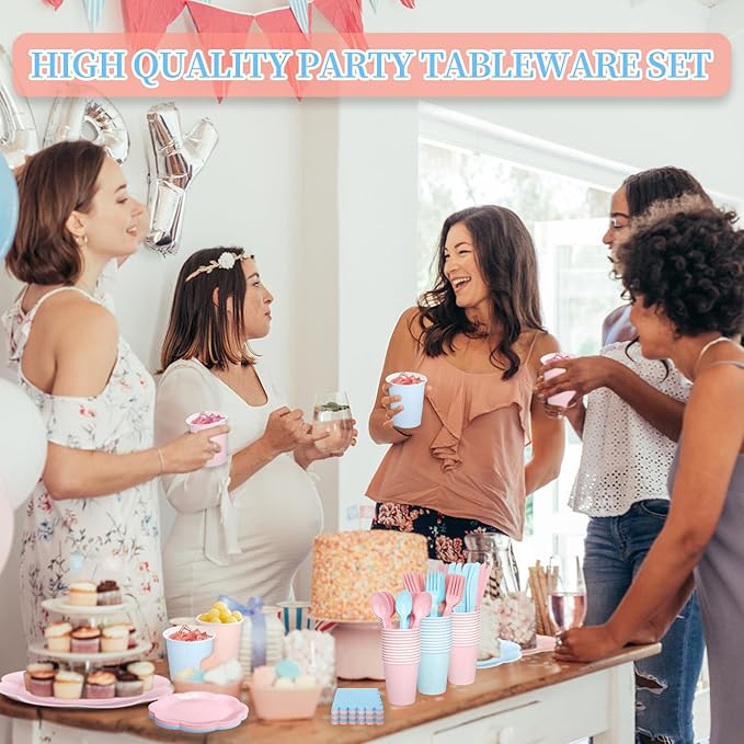 192 Psc Baby Gender Reveal Plates And Napkins Set Party Supplies - For 24 Guests Paper Plates And Napkins Knives Spoons Forks Cups - For Baby Shower Gender Reveal Party