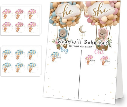 Baby Gender Reveal Party Supplies, Gender Reveal Games Voting Board with Stand, 48 PCs Little Bear Stickers, Little Bear Gender Reveal Party Centerpiece Decorations