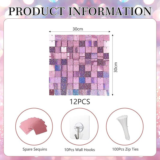 12PCS Light Pink Shimmer Wall Backdrop, Laser Square Sequin Photo Backdrops Panel, Glitter Wall Background for Birthdays, Weddings, Christmas, Engagements, Disco Bachelorette Party Decor (3FTx4FT)