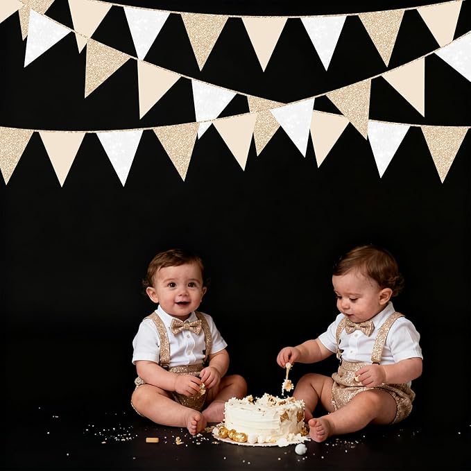 Champagne Gold Beige White Party Pennant Banner Flag Hanging Glitter Paper Triangle Bunting for Birthday Baby Shower Graduation Wedding Engagement Bridal Shower Holiday Baptism Party Decorations