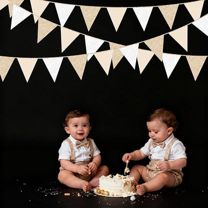 Champagne Gold Beige White Party Pennant Banner Flag Hanging Glitter Paper Triangle Bunting for Birthday Baby Shower Graduation Wedding Engagement Bridal Shower Holiday Baptism Party Decorations