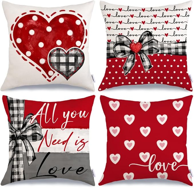 GEEORY Valentine's Day Pillow Covers 18 x 18 Inch Set of 4, Valentines Decor Polka Dots Red Hearts Love Bowknot Decorative Pillowcases for Home Sofa Couch Cushion Decoration G442-18