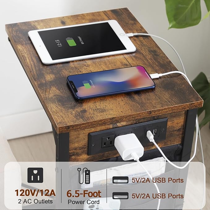 AMHANCIBLE Couch Table, C Shaped End Table with Charging Station, TV Tray Set of 2, Side Table with Storage for Couch, Rustic Brown, HET04CBR-1