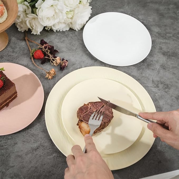 WONDERFUL 32pcs Heavy Duty Plastic Plates Reusable Unbreakable & Dishwasher safe Ivory Plastic Plates Dishes Set Wedding Plate Frosted Design Includes:16 Dinner 10" and 16 Dessert Plate 7.3"