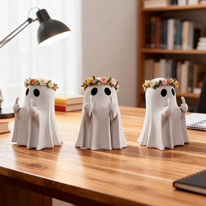 Halloween Ghost Figurine - Spooky Resin Statue, Cute Finger Ghost Ornaments, Perfect for Indoor & Porch Decor