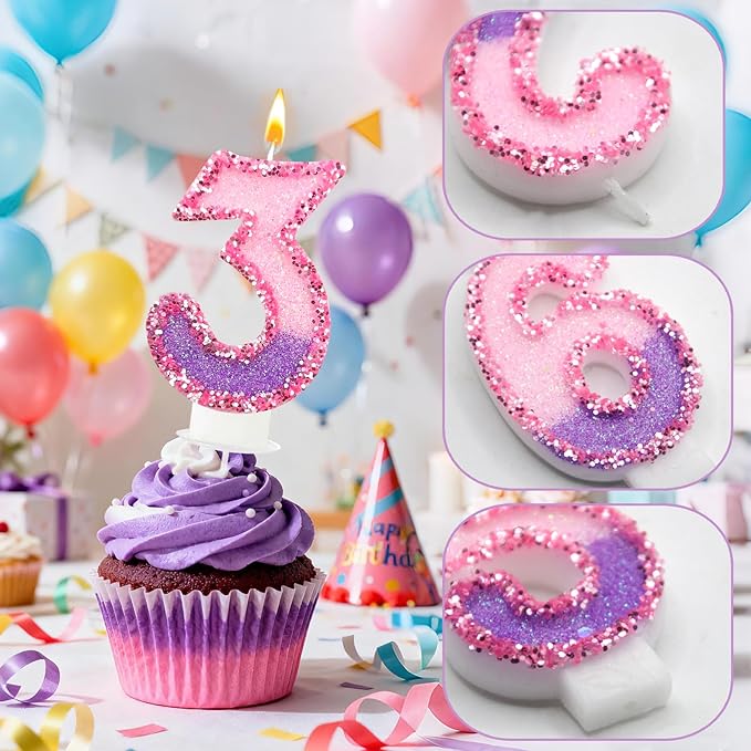 Birthday Number Candles for Cake, Pink Purple Glitter Number Candles for Cake Toppers, Ideal Birthday Parties Cake Decor, Wedding Anniversary and Other Celebrations (3 Candle)
