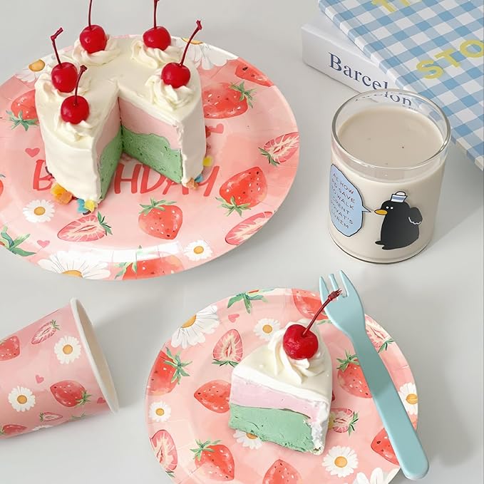 96pcs Kids Birthday Party Disposable Tableware Set Pink Strawberry Pattern for 24 Guests Party Supplies Round Plates（Include Plates, Cups and Napkins）