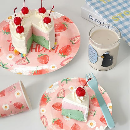 96pcs Kids Birthday Party Disposable Tableware Set Pink Strawberry Pattern for 24 Guests Party Supplies Round Plates（Include Plates, Cups and Napkins）