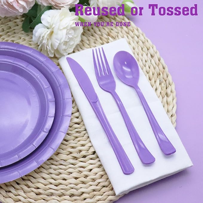 150 Pcs Purple Plastic Silverware, Purple Utensils, Silverware Set Includes 50 Plastic Forks, 50 Spoons, 50 Knives Disposable for Birthday, Celebration, Baby Shower