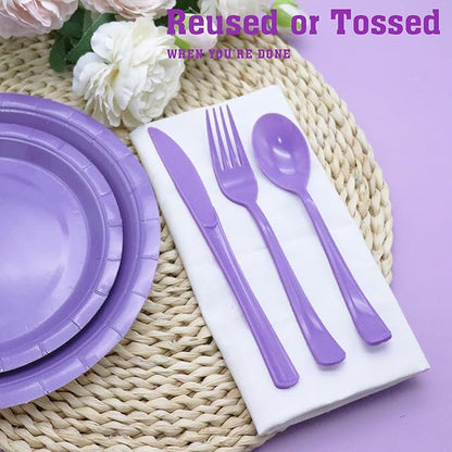 150 Pcs Purple Plastic Silverware, Purple Utensils, Silverware Set Includes 50 Plastic Forks, 50 Spoons, 50 Knives Disposable for Birthday, Celebration, Baby Shower