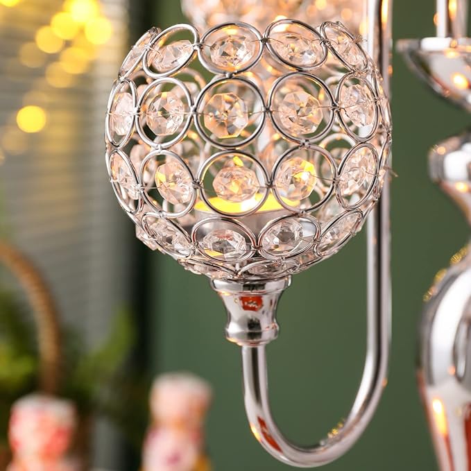 LANLONG Silver Candle Holders for Table Centerpiece 7 Arms Tall Crystal Candelabra Home Wedding Decor Christmas Decorations Centerpieces for Dinner Party Events