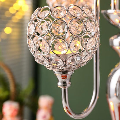 LANLONG Silver Candle Holders for Table Centerpiece 7 Arms Tall Crystal Candelabra Home Wedding Decor Christmas Decorations Centerpieces for Dinner Party Events