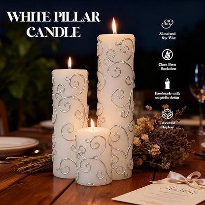 6-Pack Elegant Pillar Candles with Embossed Silver Patterns for Home Decor & Cozy Ambiance, Vintage White Candles (2x3/6/8 Inch), Dripless Smokeless Clean-Burning for Table, Mantel, Holidays