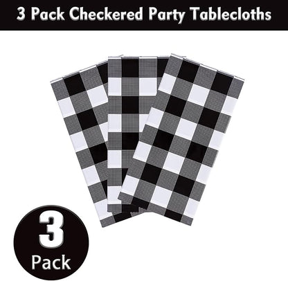 Kesfey 3 Packs Black Gingham Tablecloths 54 x 108 inch Black and White Checkered Tablecloth Disposable Plastic Plaid Picnic Tablecover Waterproof Fall Checkered Table Cloth for Camping Halloween Party