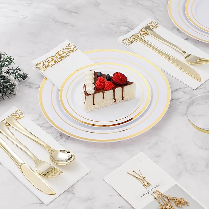BESTVIP 350 PCS Gold Dinnerware Set for 50 Guests, Plastic Dinnerware Set for Party, Wedding, Christmas, Halloween, Include: 100 Plastic Plates, 50 Gold Silverware, 50 Cups, 50 Paper Napkins
