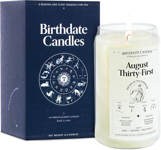 Birthdate Candles, August 31 - Virgo Zodiac Scented Candles Birthday Gift - Sage, Jasmine & Palo Santo Scent - All-Natural Soy & Coconut Wax, 60-80 Hour Burn Time - Made in USA