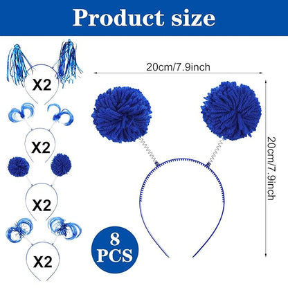 8Pcs Blue Pom Pom Headbands, Tinsel Wrapped Ponytail Headband for Women, Fluffy Ball Hair Loop Cosplay Hair Accessories, Party Headbands for Halloween Christmas Birthday Festival Party Decorations
