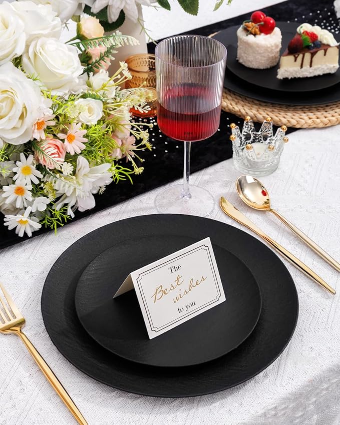 WONDERFUL 32pcs Black Plates Black Plastic Plates Unbreakable and Reusable Plastic Plate Dishwasher safe Dishes Set Includes:16 Dinner 10" & 16 Dessert Plate 7.3" Suitable for Christmas New Year