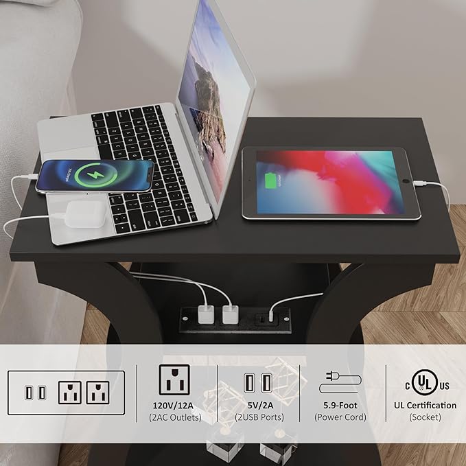 Black End Table Set of 2 with Charging Station, Side Table with USB Ports and Outlets, Black Nightstand, 3 Tier End Table with Storage Shelf for Living Room, Bedroom