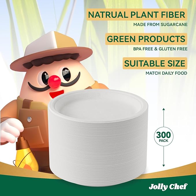 JOLLY CHEF Compostable Heavy Duty Plates 9 Inch [300 Pack] Eco-Friendly Disposable Natural Paper Plates Bagasse Biodegradable Bulk for Party Dinner Sugarcane Fibers Lunch Christmas (White)