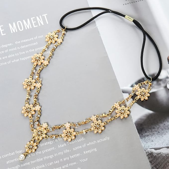 Head Chain Jewelry Headband Crystal Bohemian Hair Accessories with Peal Women Head Chains Forehead Chain Rhinestone Headpieces with Drop Pendant