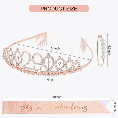 CIEHER 29th Birthday Crown, Sash and Pearl Pin Set, Rose Gold, Women Friends Birthday Gifts