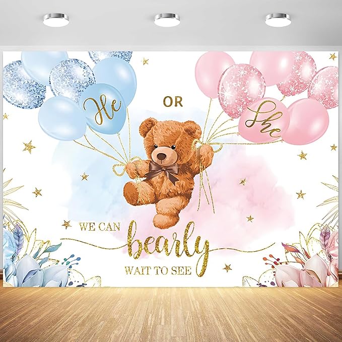 10x6.5ft Gender Reveal Backdrop Baby Bear Boy or Girl Photography Background Baby Shower Party Blue and Pink Banner Decorations Supplies Photo Booth Props