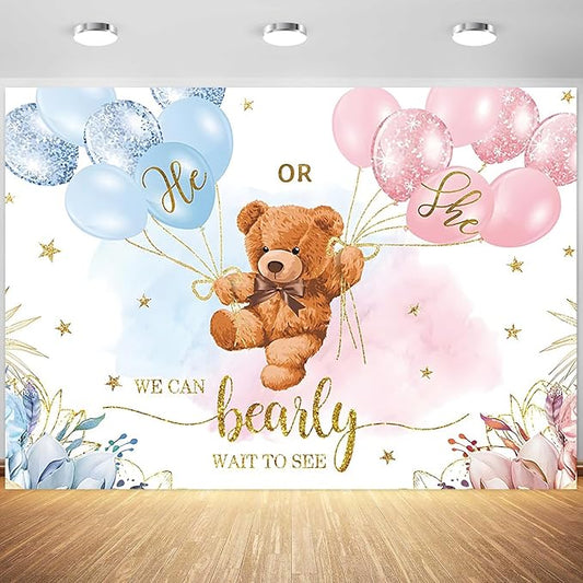 10x6.5ft Gender Reveal Backdrop Baby Bear Boy or Girl Photography Background Baby Shower Party Blue and Pink Banner Decorations Supplies Photo Booth Props