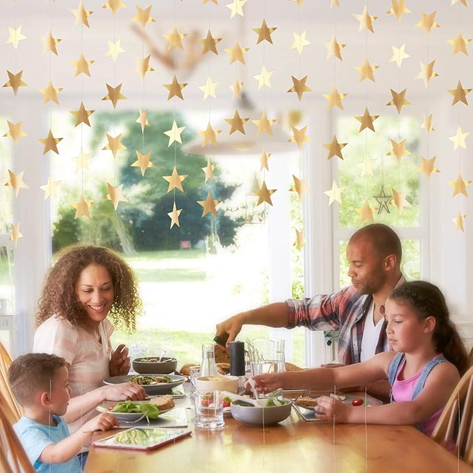 Patelai Glitter Star Garland Banner Christmas Decor 130 Feet Star Hanging Bunting Banner Twinkle Backdrop for Homecoming Classroom Wedding Birthday Halloween Party Supplies(Champagne Gold)