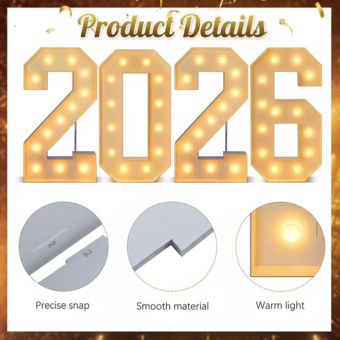 4 ft Marquee Light up Number 2026, Christmas New Year LED Letters Signs with Warm Lights, Graduation Decorations Class of 2026, Freestanding Number Decor for Birthday Anniversary Party