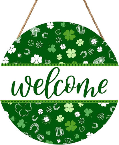 St Patricks Day Welcome Door Decoration for Home Welcome Shamrock Wreath Sign for Front Door St Patricks Day Outdoor Decorations Hanging Wooden Sign for Home Proch Spring Farmhouse 12x12 Inch