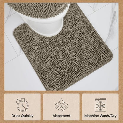 GORILLA GRIP Plush Absorbent Shaggy Chenille Bath Rug Mat for Square Toilet Base with Rubber Backing, Machine Washable Rugs, Soft Microfiber Contour Mats for Toilets, Bathroom Decor, Latte