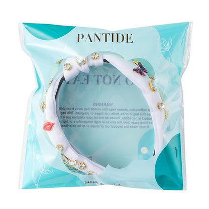 PANTIDE Music Jeweled Knotted Headband - Singer Fans Gift Guitar Red Lip Rhinestone Crystal Embellished Headband Wide Top Knot Fashion Hairband Birthday Back To School Gift for Women Girls (White)