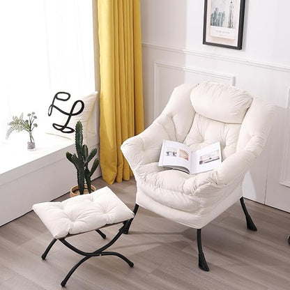 LITA Lazy Chair with Ottoman, Modern Accent Leisure Upholstered Sofa Chair, Contemporary Lounge Reading Chairs with Armrests and a Side Pocket for Living Room, Bedroom & Small Space, Beige