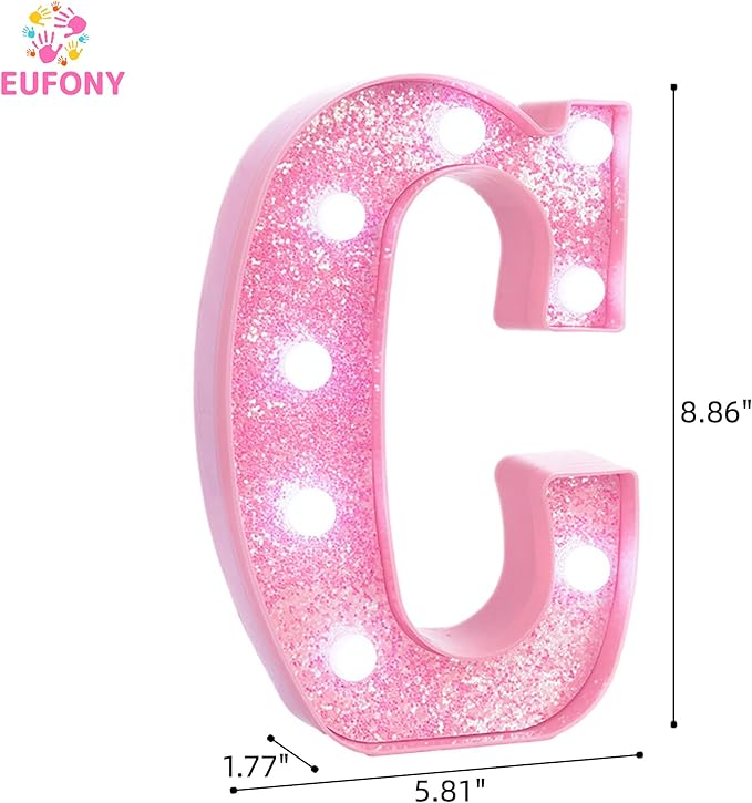 Pink LED Marquee Light Up Letters, Glitter Alphabet Letter Lights for Birthday Party Decorations, Battery Operated Letter Signs for Girls Room Table Decor, Pink letter C with Cool White Lights