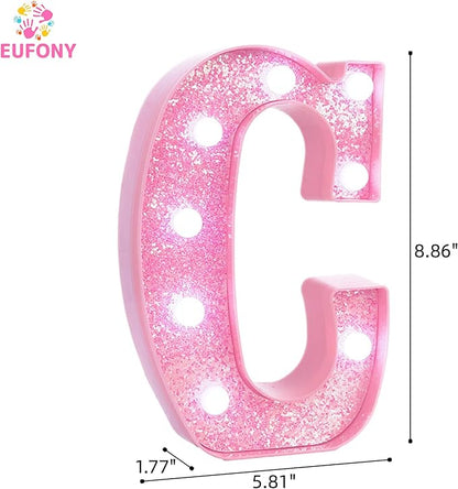 Pink LED Marquee Light Up Letters, Glitter Alphabet Letter Lights for Birthday Party Decorations, Battery Operated Letter Signs for Girls Room Table Decor, Pink letter C with Cool White Lights
