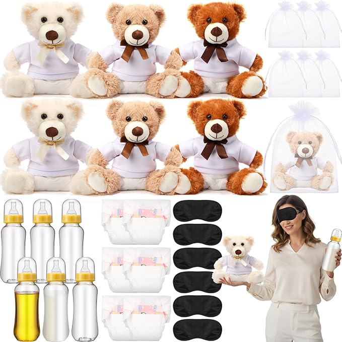 Soulchen 6 Set Bear Blindfolded Diaper Changing Baby Shower Games 14 Inch Bear Plushes with Dolls Diapers Bottles Shirts for Gender Reveal Bridal Shower Game Prize Gift Guest Adult(Khaki,Brown,Beige)