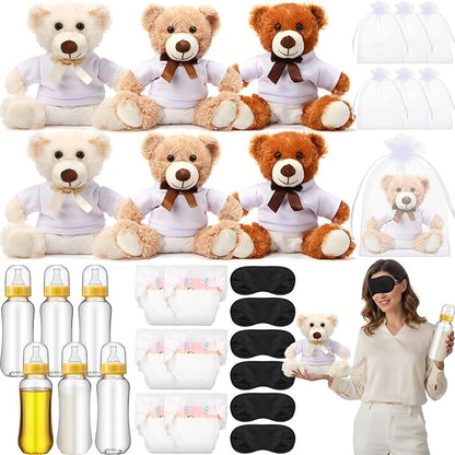 Soulchen 6 Set Bear Blindfolded Diaper Changing Baby Shower Games 14 Inch Bear Plushes with Dolls Diapers Bottles Shirts for Gender Reveal Bridal Shower Game Prize Gift Guest Adult(Khaki,Brown,Beige)