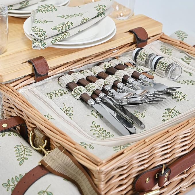 Multifunctional Wicker Picnic Basket Set for 4 with Blanket and Picnic Table, Insulated Picnic Set with Full Tablewares for Camping Outdoor Couples,Leaf