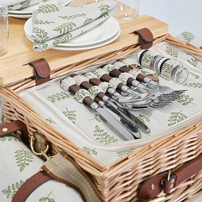 Multifunctional Wicker Picnic Basket Set for 4 with Blanket and Picnic Table, Insulated Picnic Set with Full Tablewares for Camping Outdoor Couples,Leaf