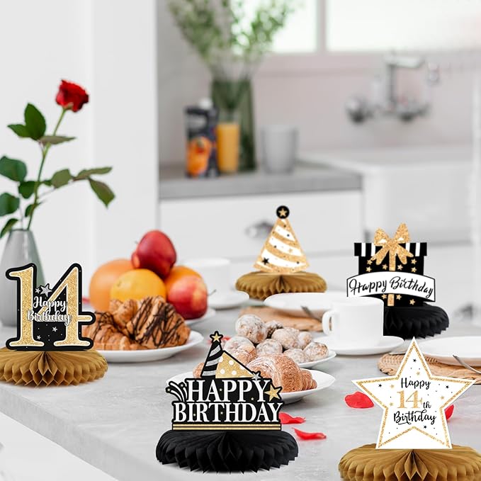 Happy 14th Birthday Decorations,14th Birthday Gold Glitter Shiny Stand Honeycomb Table Centerpieces - Cheers to Fourteen Years Old Birthday Party Photoprop Gift Sign.