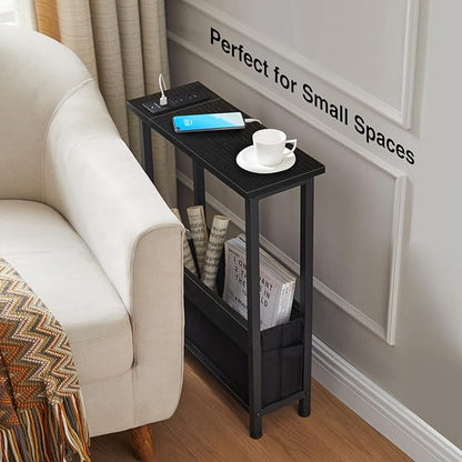 Slim Charging End Table with Storage - for Small Spaces and Bedroom (Black)