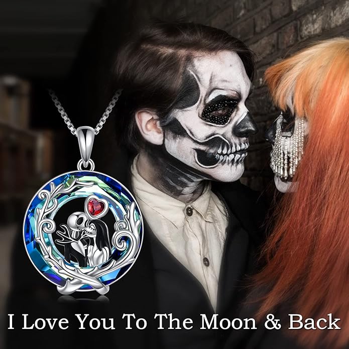 LILALO Christmas Gifts Nightmare Necklace Sterling Silver Abalone Shell Crystal Jack and Sally Necklace Jack Skellington Skull Jewelry Skull Necklaces for Women